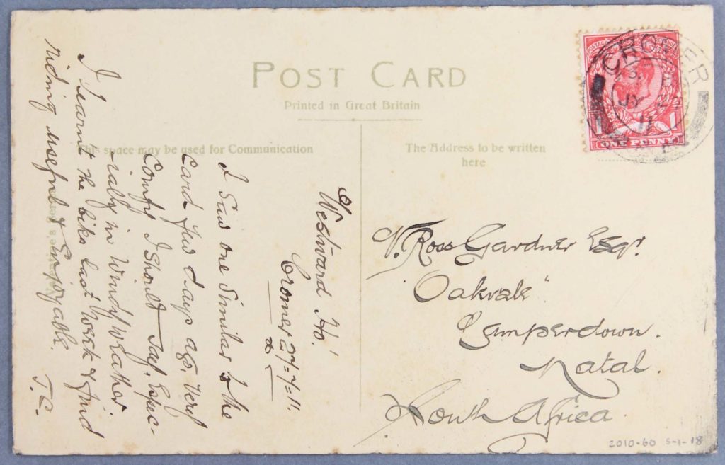 the back of an old postcard with writing on it