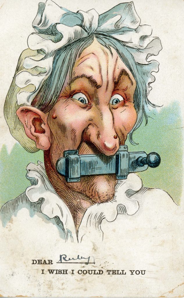 an anto suffragette postcard showing a woman with a latch across her mouth
