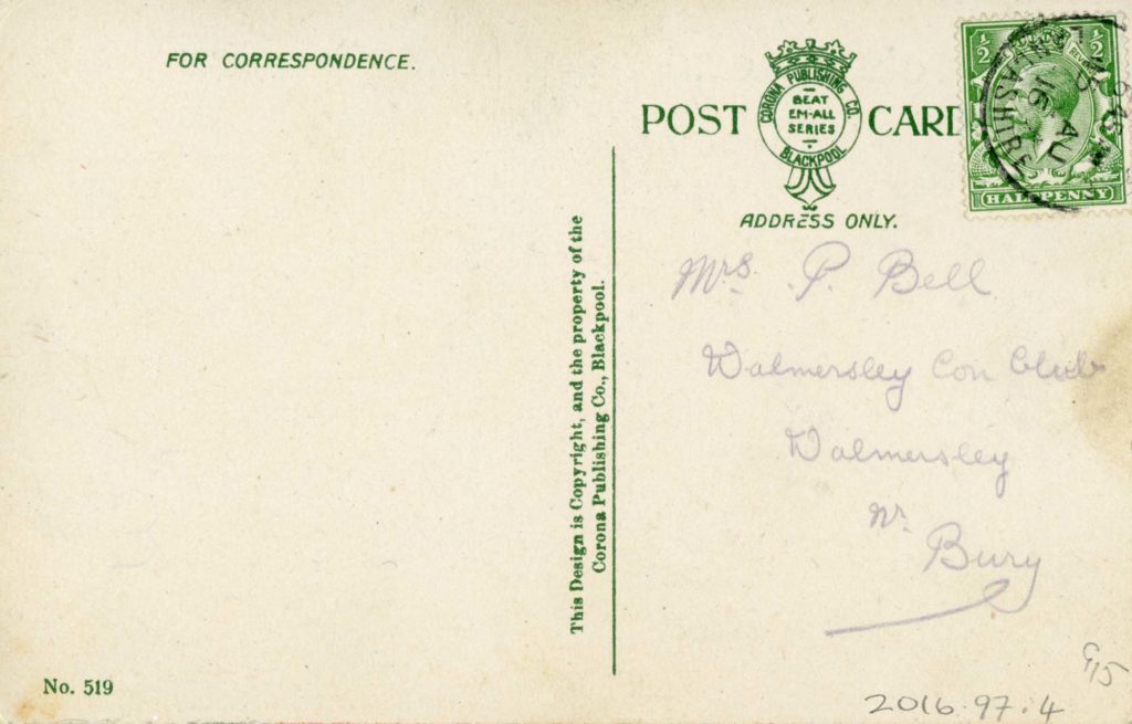 a photo of the reverse of a postcard with a address but no greeting
