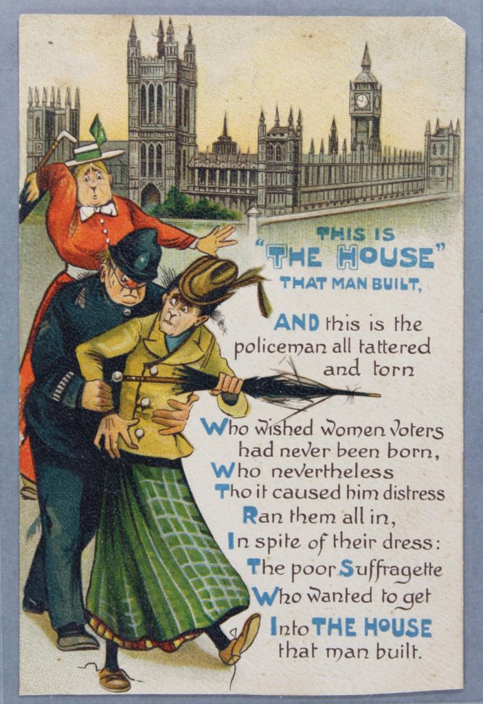 an anti suffragette postcard showing a policeman scuffling with a woman outside the Houses of Parliament